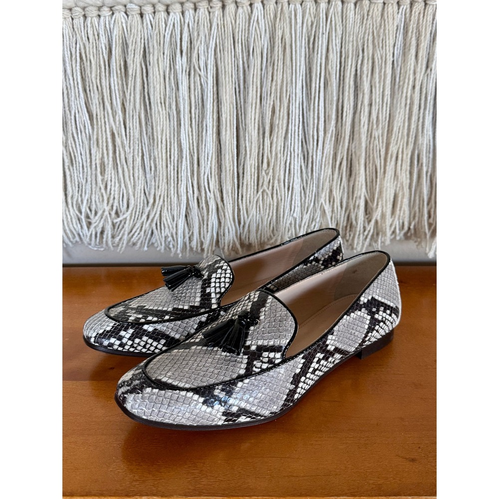 J.Crew Charlie Tassel Snakeskin Print Leather Ivory Black Gary Loafers Size 7.5